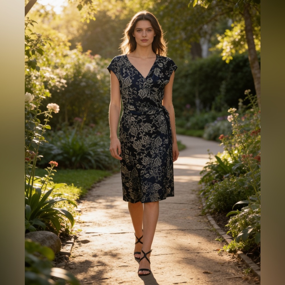 Loft Ann Taylor Petites floral Wrap Dress black ivory cap sleeve size 12P V neck